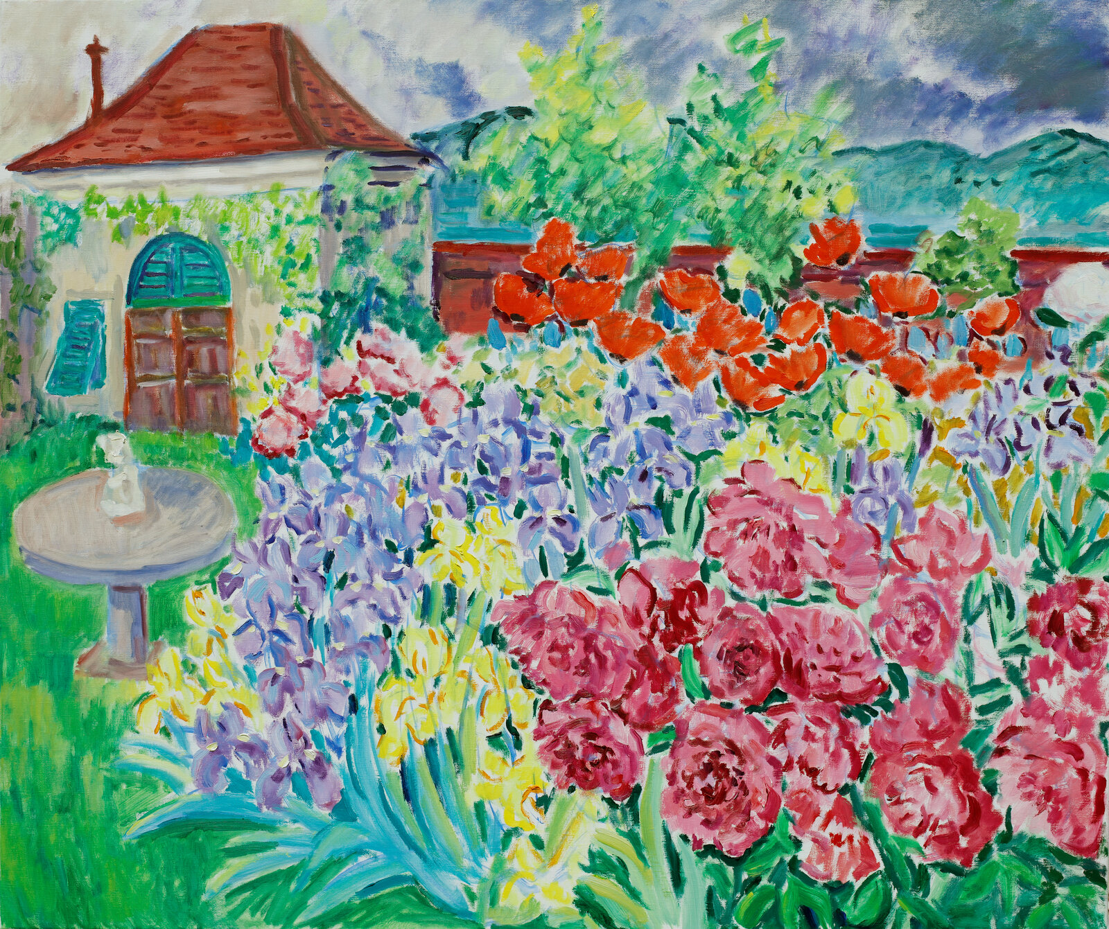 Mohn, Pfingstrosen und Iris