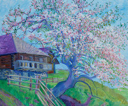 Bluehender Apfelbaum und Keusche